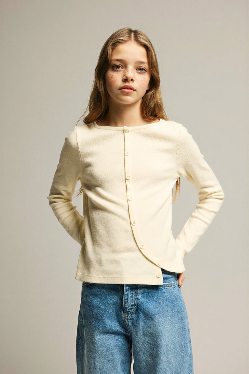 DeFacto Beige Girl Girl Crew Neck Buttoned Long Sleeve T-Shirt Casual - Image 1